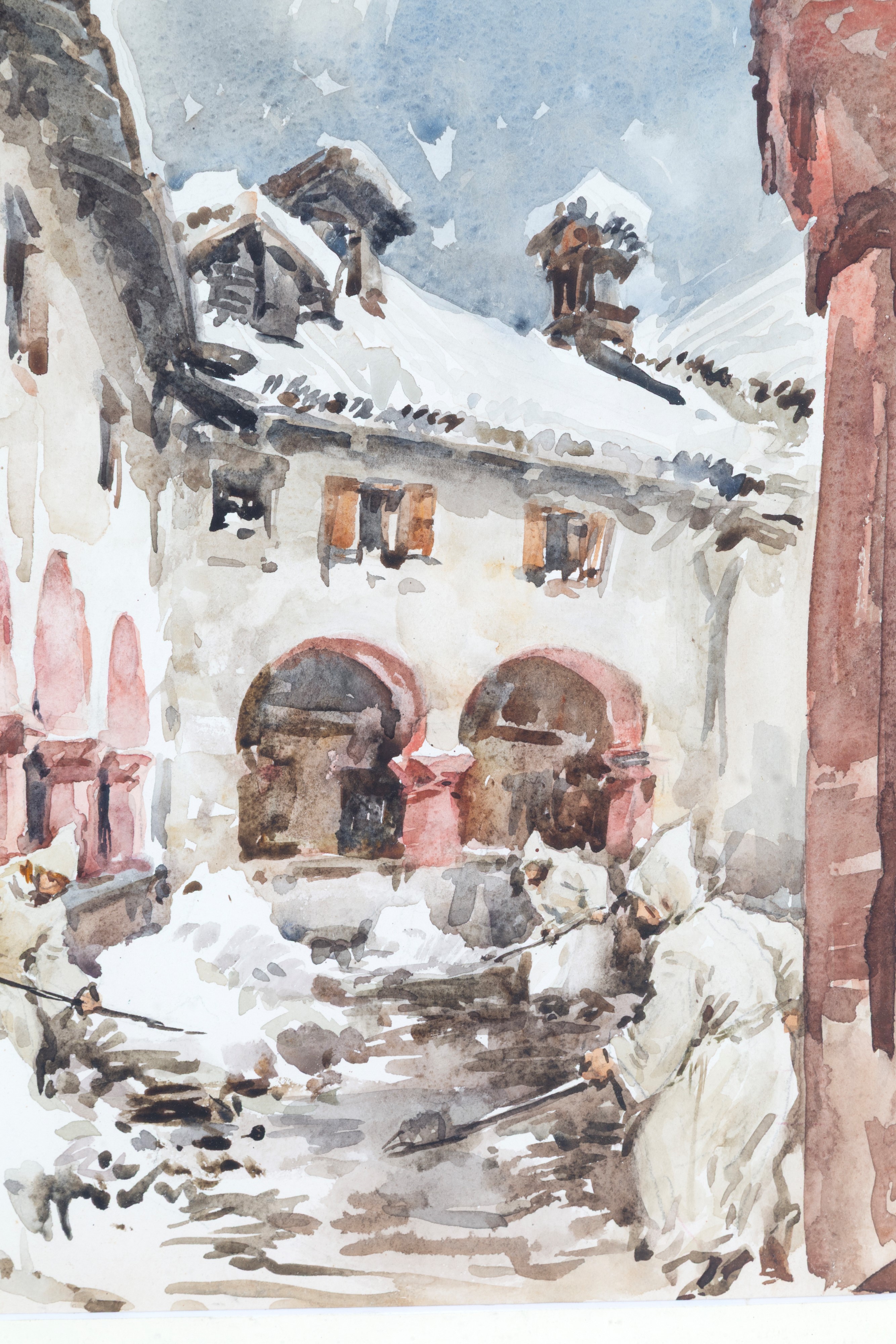 Aldo Raimondi - Scorcio di chiostro innevato con frati, acquarello su cartoncino