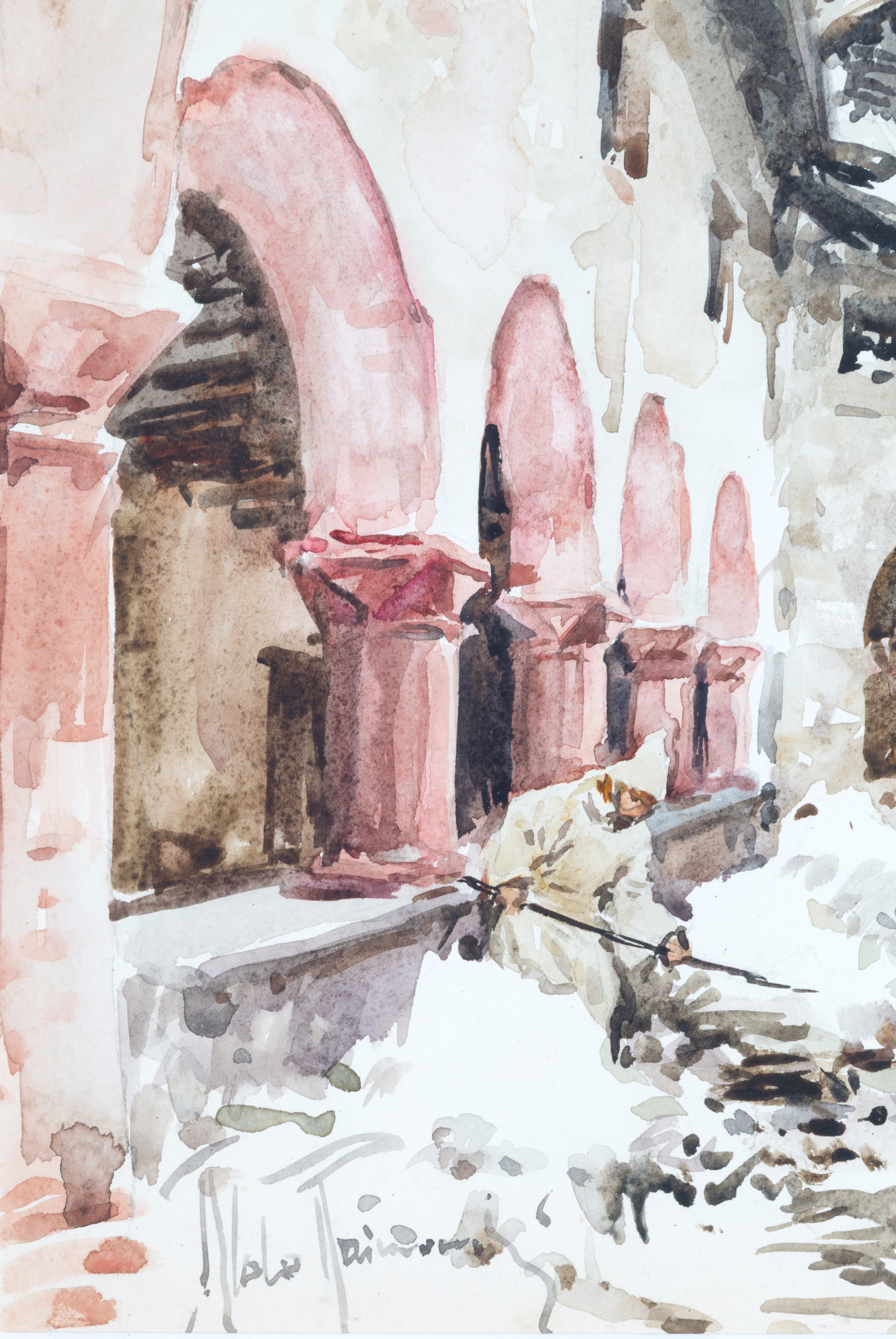 Aldo Raimondi - Scorcio di chiostro innevato con frati, acquarello su cartoncino
