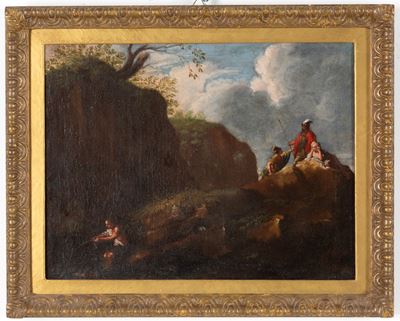 Autore ignoto, Paesaggio fluviale con soldati e personaggi, XVIII secolo