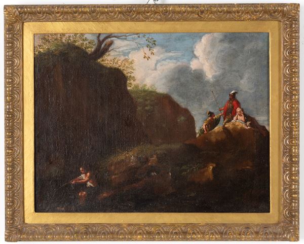 Dipinto "PAESAGGIO FLUVIALE CON SOLDATI E PERSONAGGI"