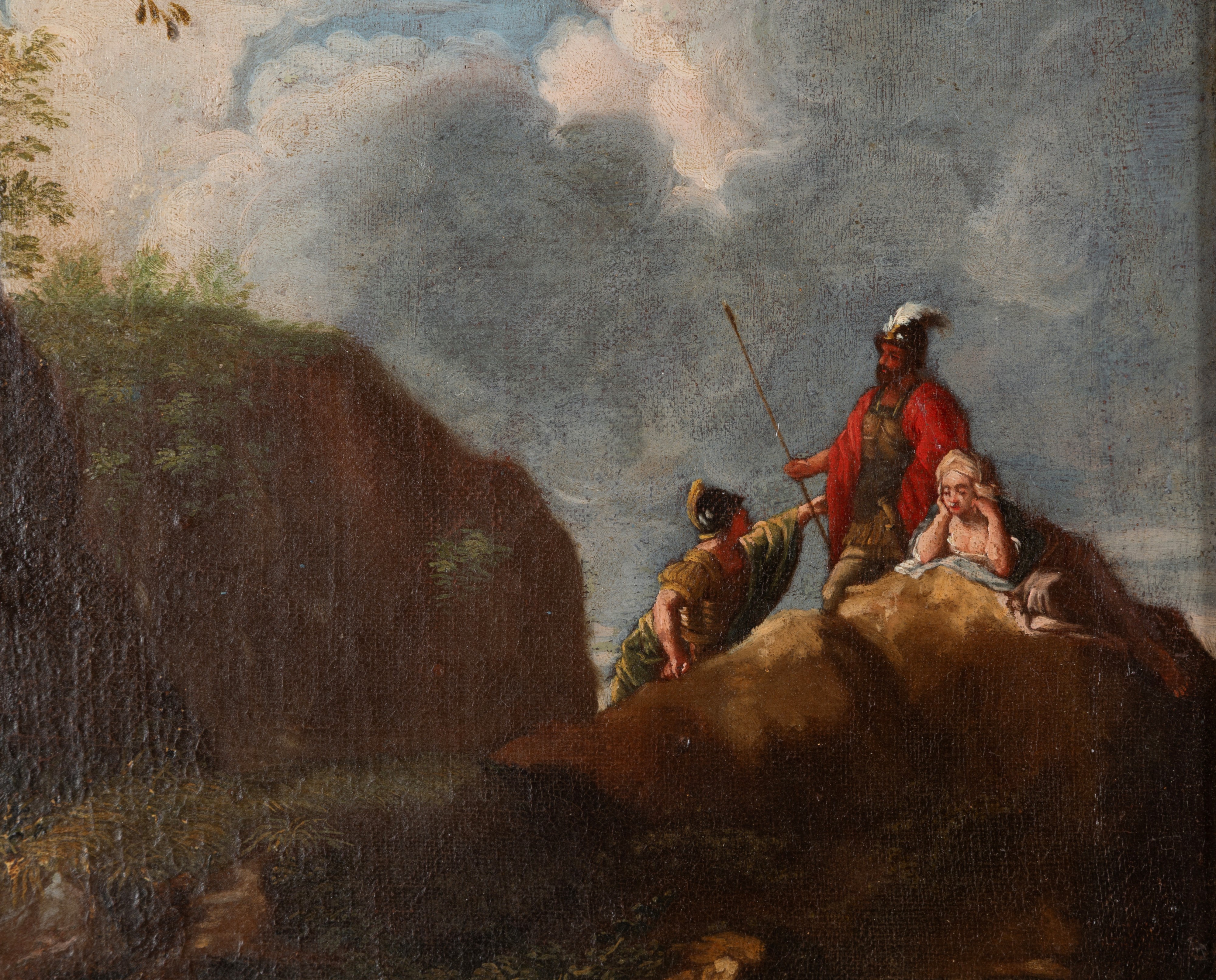 Paesaggio fluviale con soldati e personaggi, olio su tela (XVIII secolo)