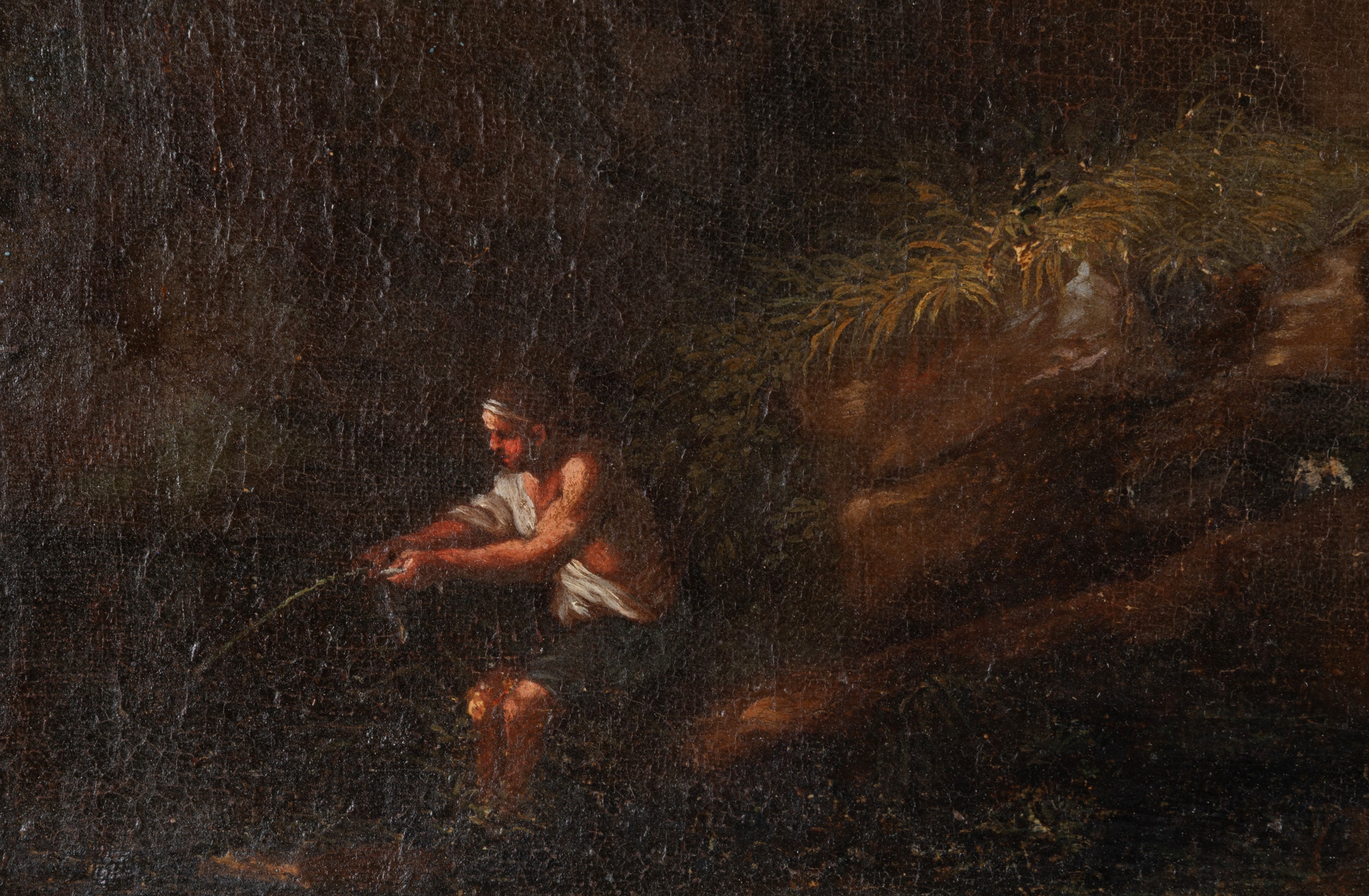 Paesaggio fluviale con soldati e personaggi, olio su tela (XVIII secolo)