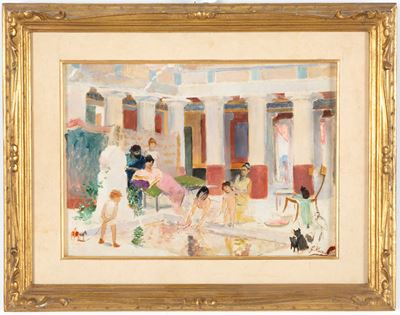Giovanni Muzzolli, Bozzetto 'Personaggi al bagno', olio su tavoletta