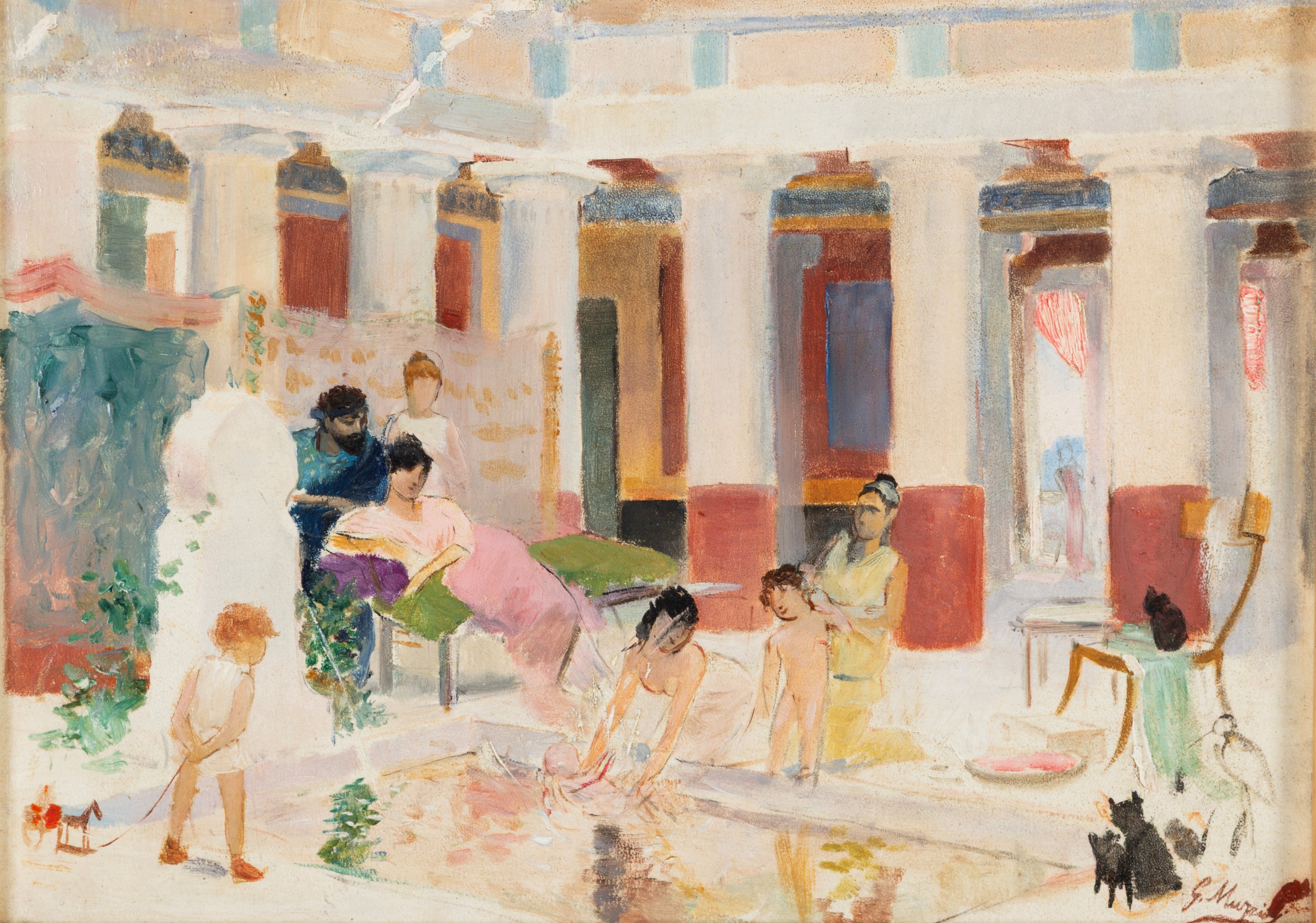 Giovanni Muzzioli - Giovanni Muzzolli, Bozzetto 'Personaggi al bagno', olio su tavoletta