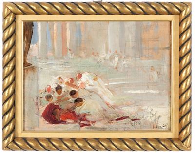 Bozzetto "Personaggi in Piazza", olio su tela