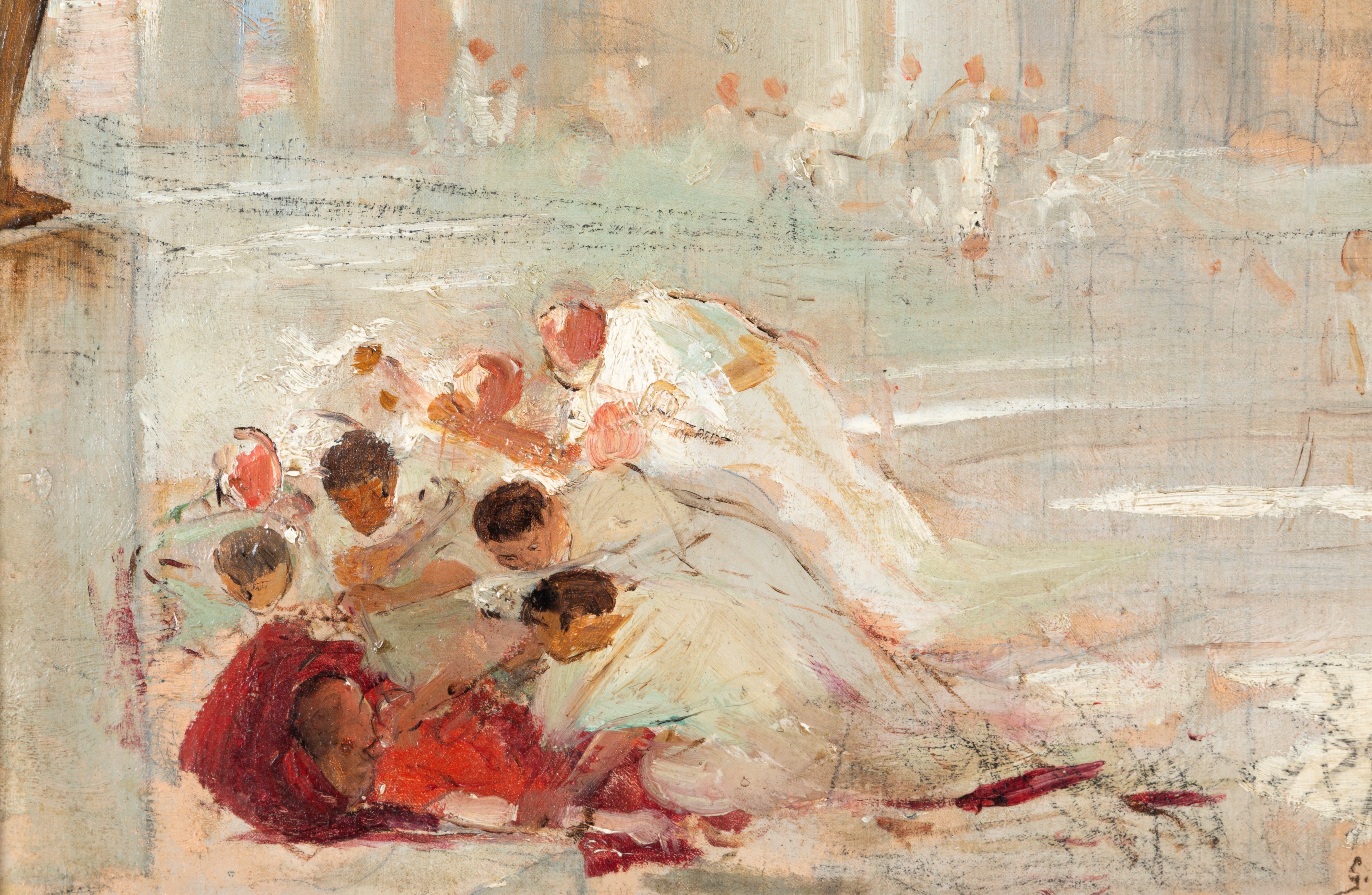 Giovanni Muzzioli - Bozzetto "Personaggi in Piazza", olio su tela