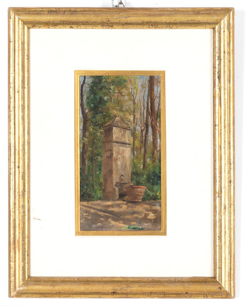 Giovanni Muzzioli - Fontanella nel bosco, olio su tavoletta