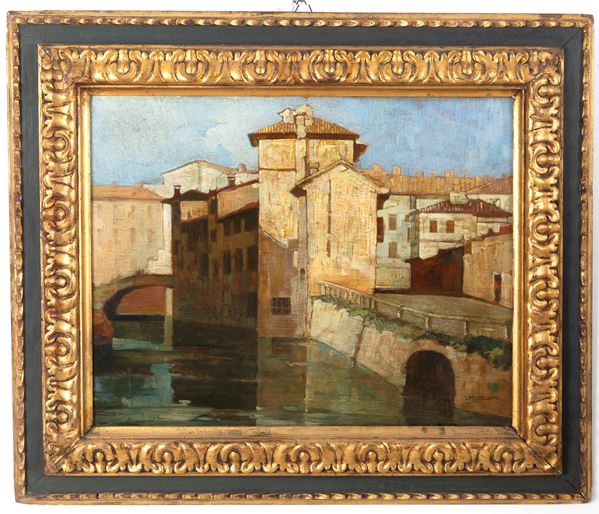 MARIO VELLANI MARCHI - Dipinto "TORRE DEL SALE LUNGO IL NAVIGLIO"