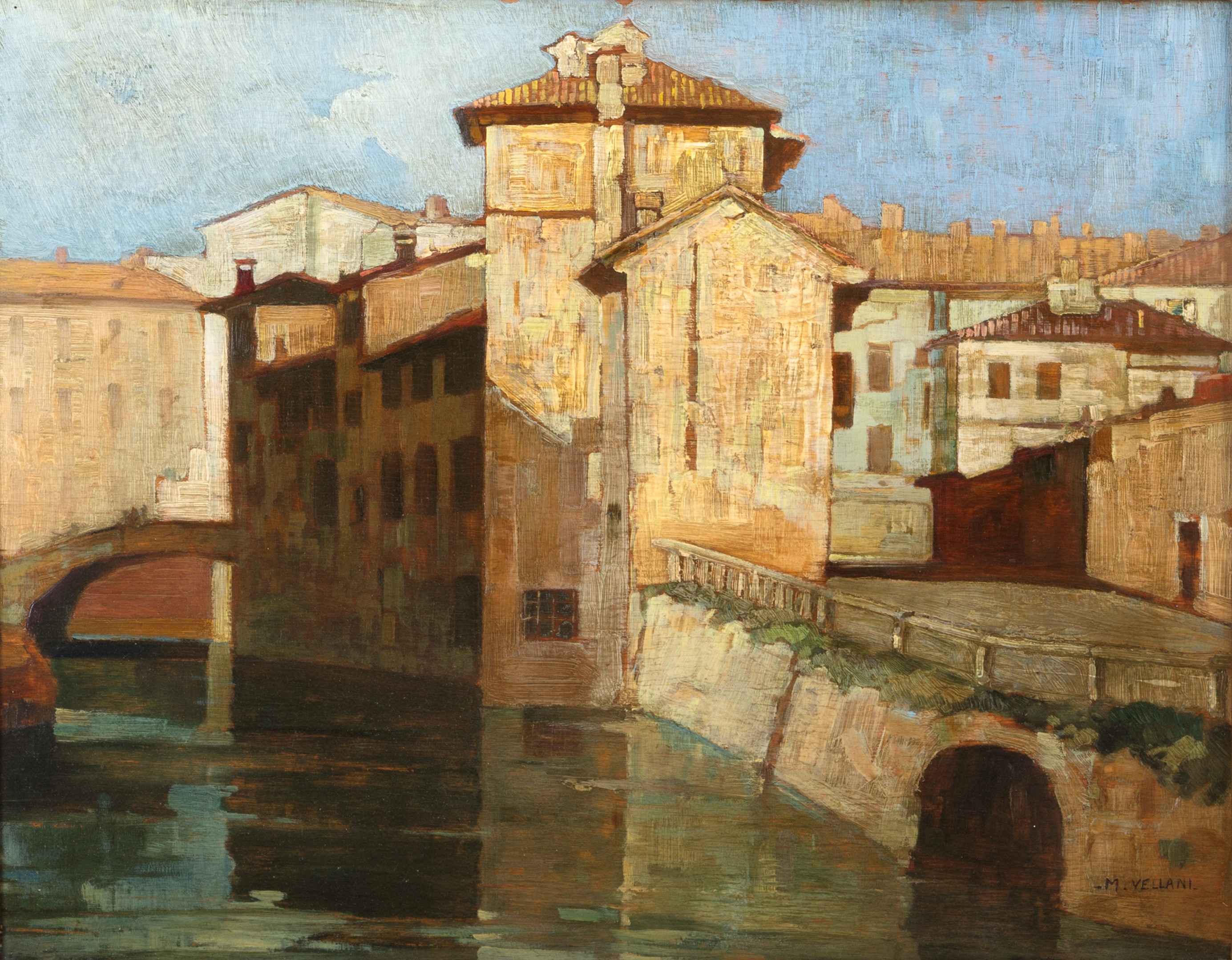 Mario Vellani Marchi - Torre del Sale lungo il Naviglio, olio su tavoletta