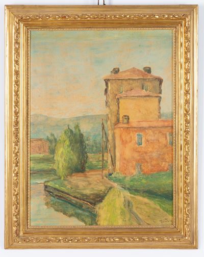 Case rosse in riva al fiume, olio su masonite