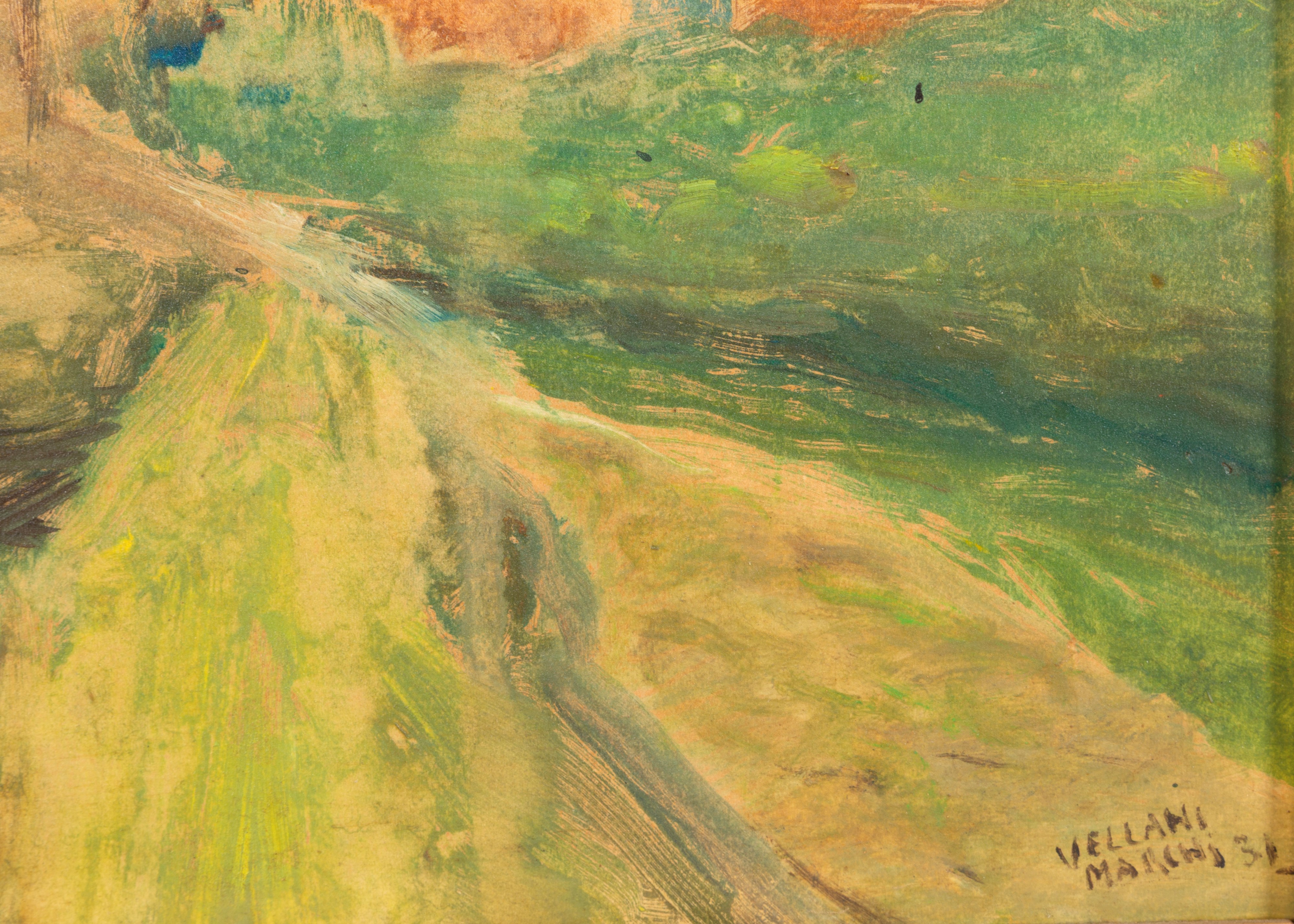 Mario Vellani Marchi - Case rosse in riva al fiume, olio su masonite