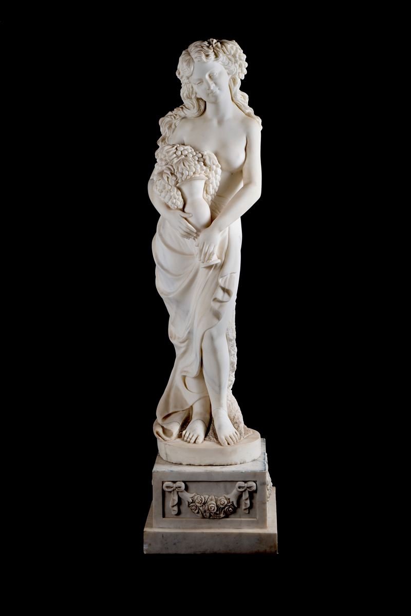 Scultura, Figura femminile con grappoli d’uva, marmo di Carrara (XX secolo)