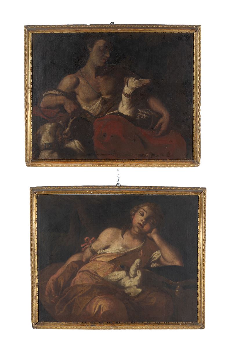 Autore non identificato, Figura femminile con colombe e uomo con cani, olio su tela