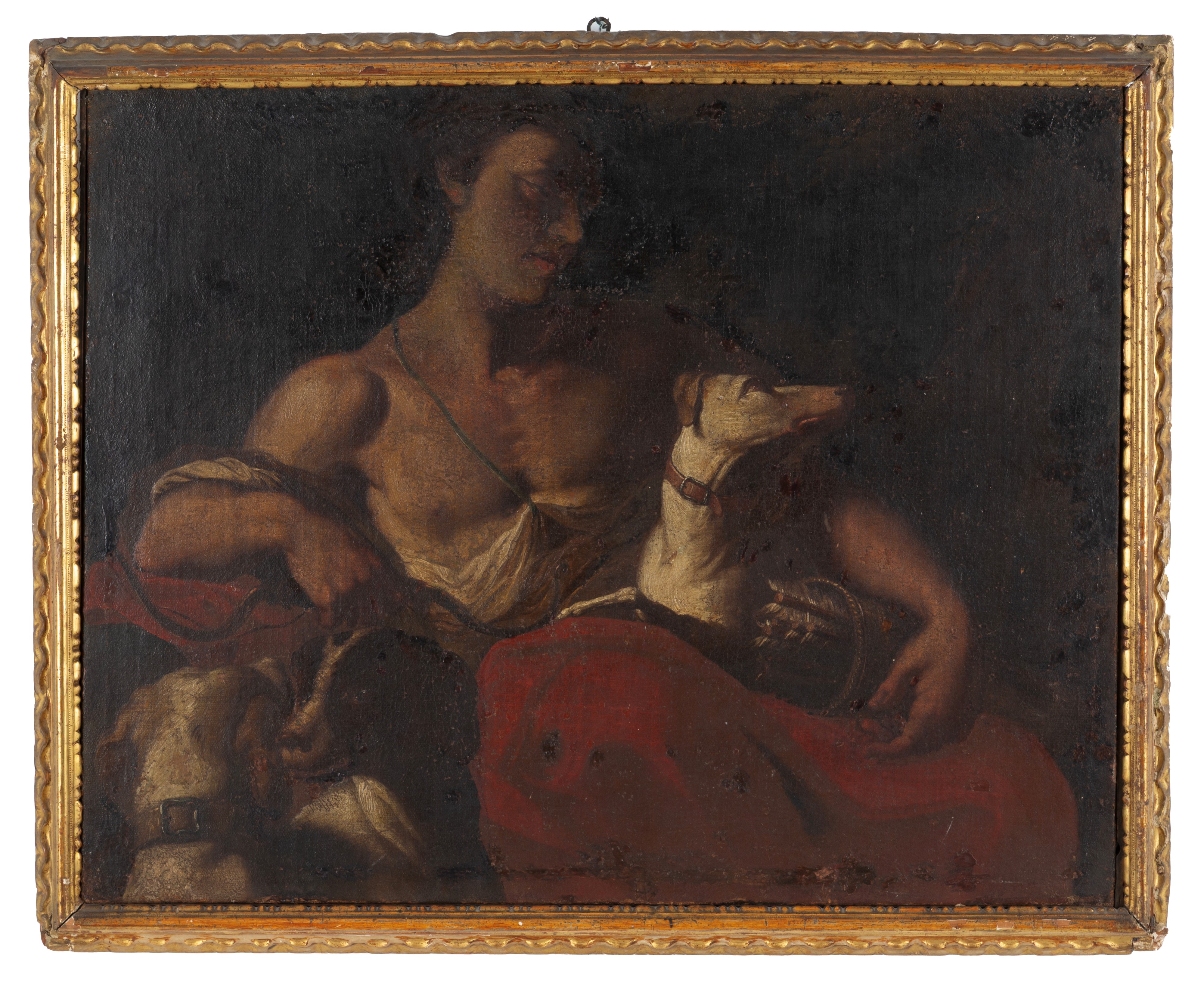 Autore non identificato, Figura femminile con colombe e uomo con cani, olio su tela