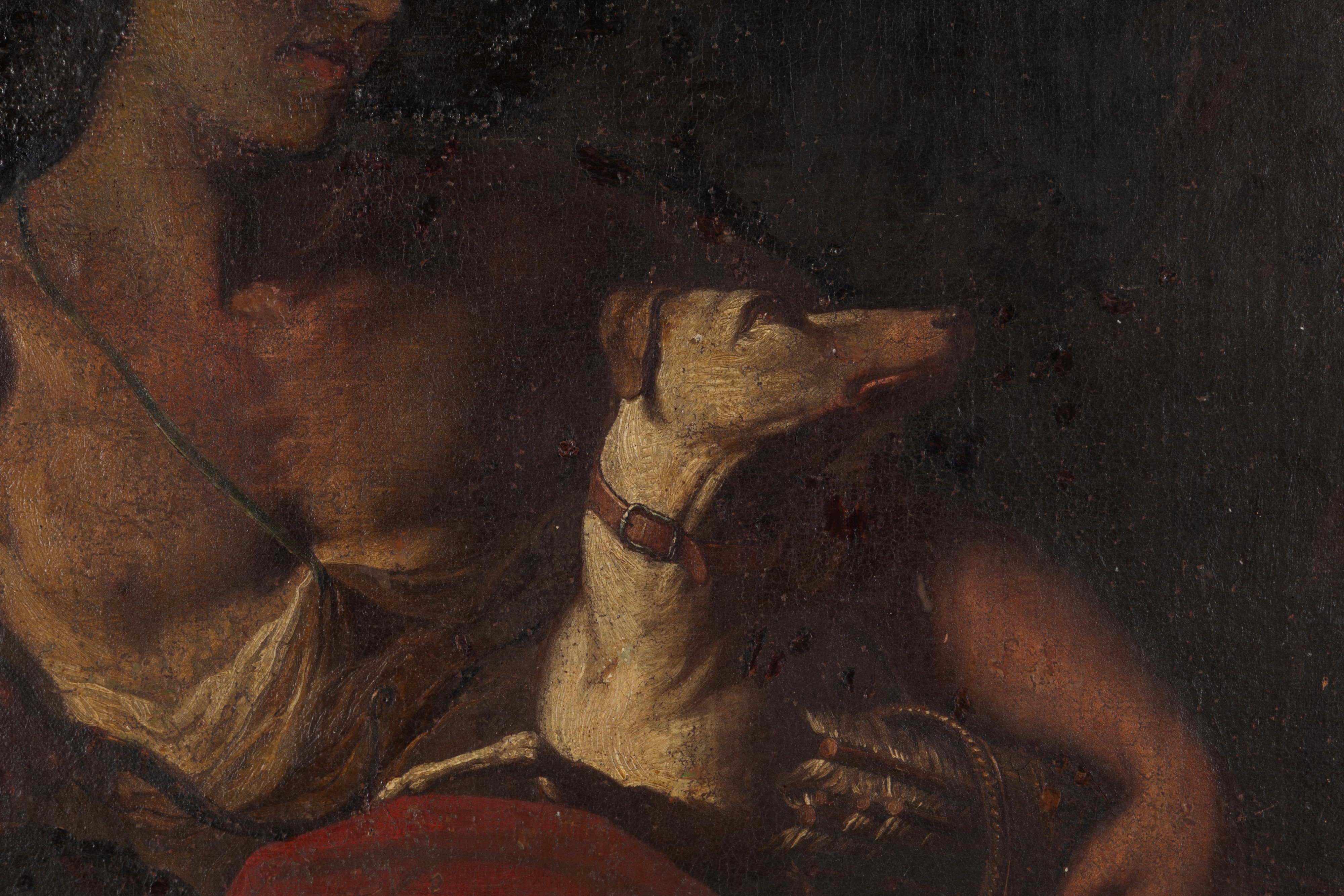 Autore non identificato, Figura femminile con colombe e uomo con cani, olio su tela