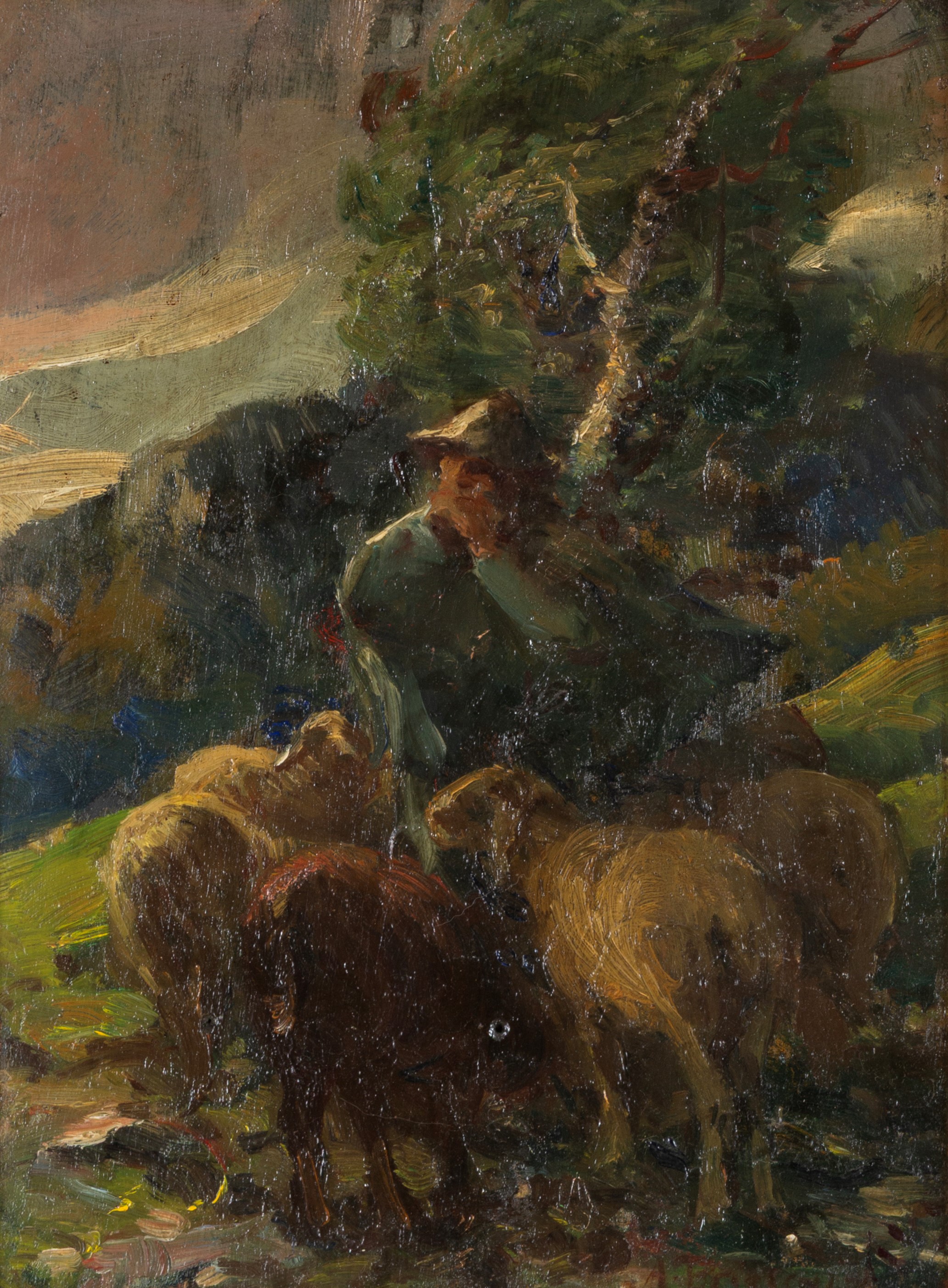 Anton Brioschi - Pastore con armenti, olio su tavoletta