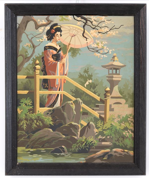 Painting "LANDSCAPE WITH GEISHA". Signed R. NESCH