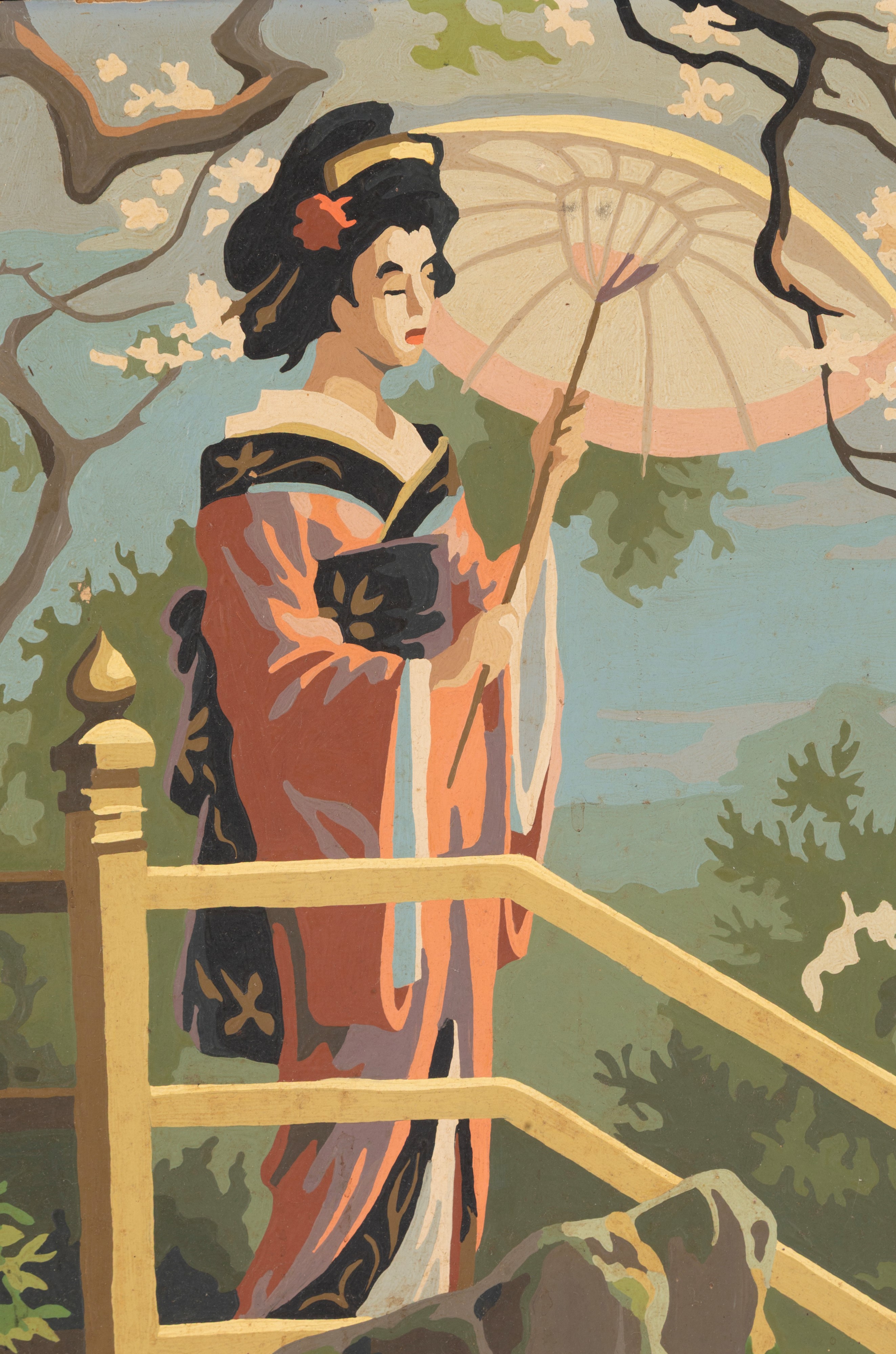 Dipinto "PAESAGGIO CON GEISHA". Firmato R. NESCH