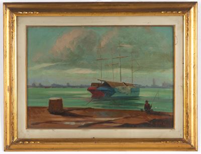 Velieri ormeggiati con pescatore, olio su masonite, 34,5x50 cm