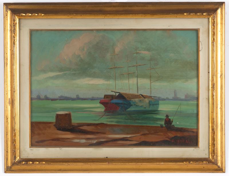 Renato Natali - Velieri ormeggiati con pescatore, olio su masonite, 34,5x50 cm