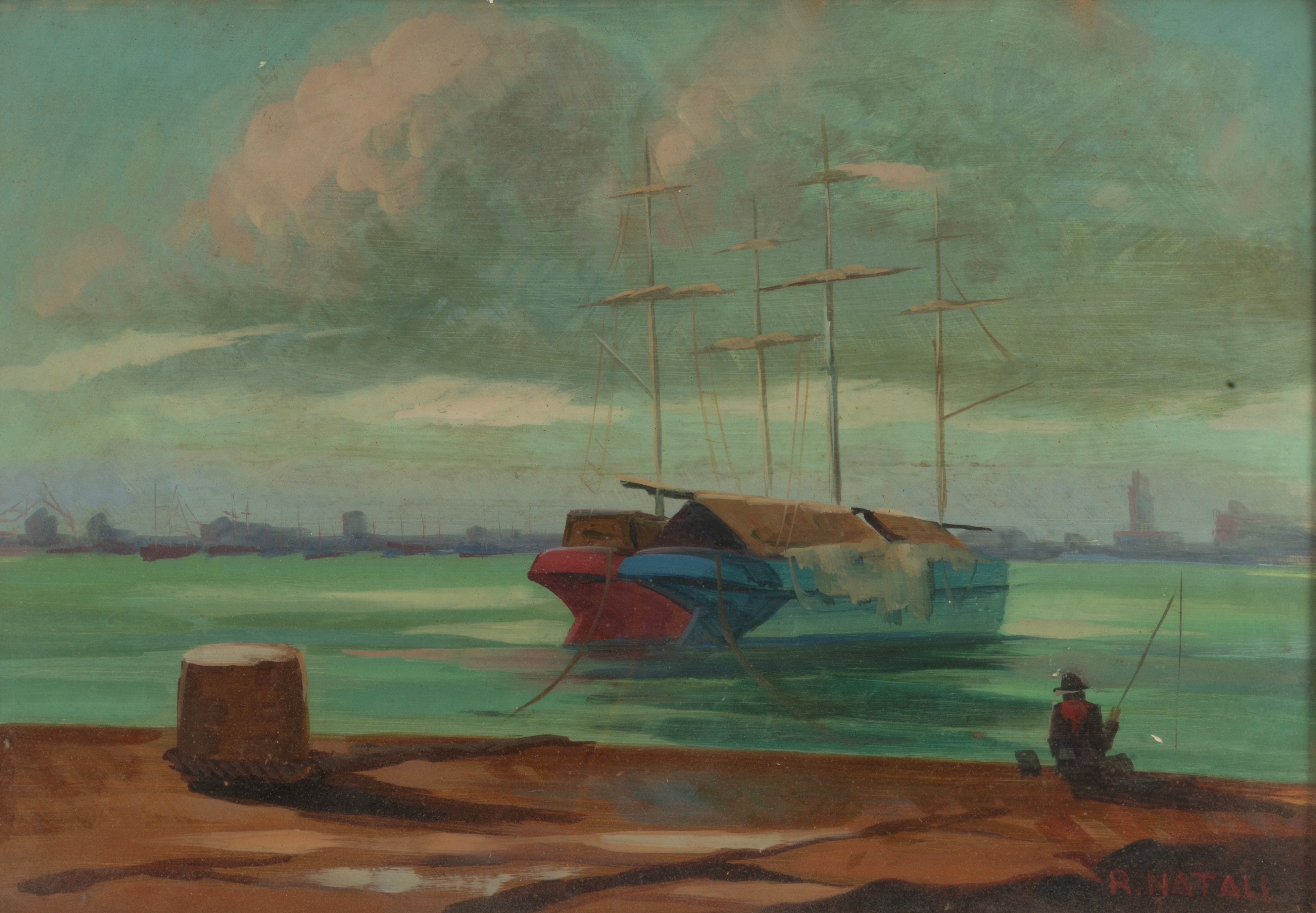 Renato Natali - Velieri ormeggiati con pescatore, olio su masonite, 34,5x50 cm