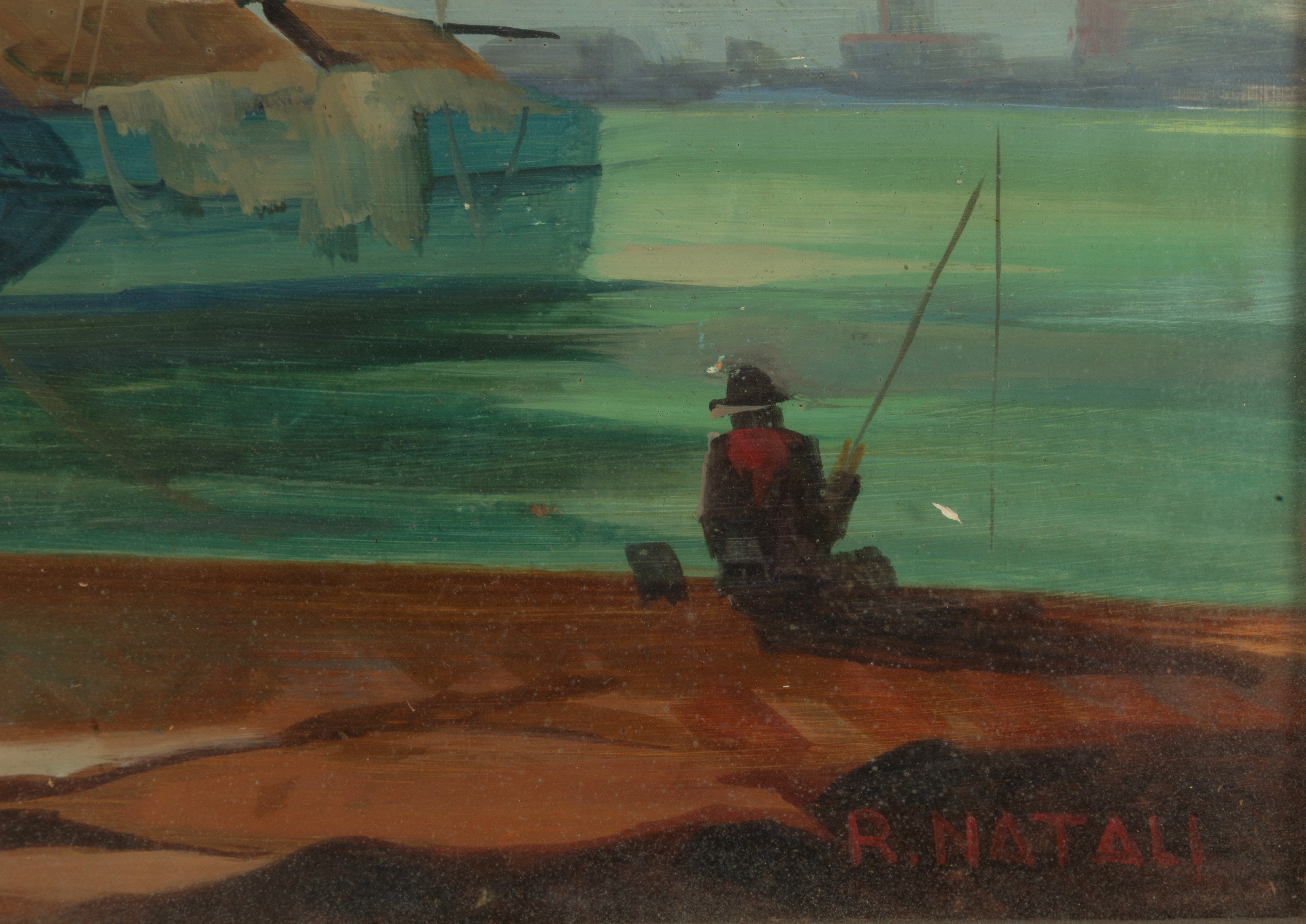 Renato Natali - Velieri ormeggiati con pescatore, olio su masonite, 34,5x50 cm
