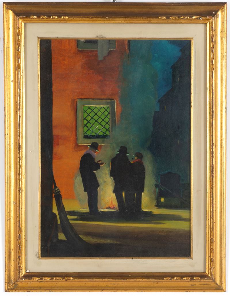 Renato Natali - Paesaggio notturno con tre personaggi, olio su tavoletta