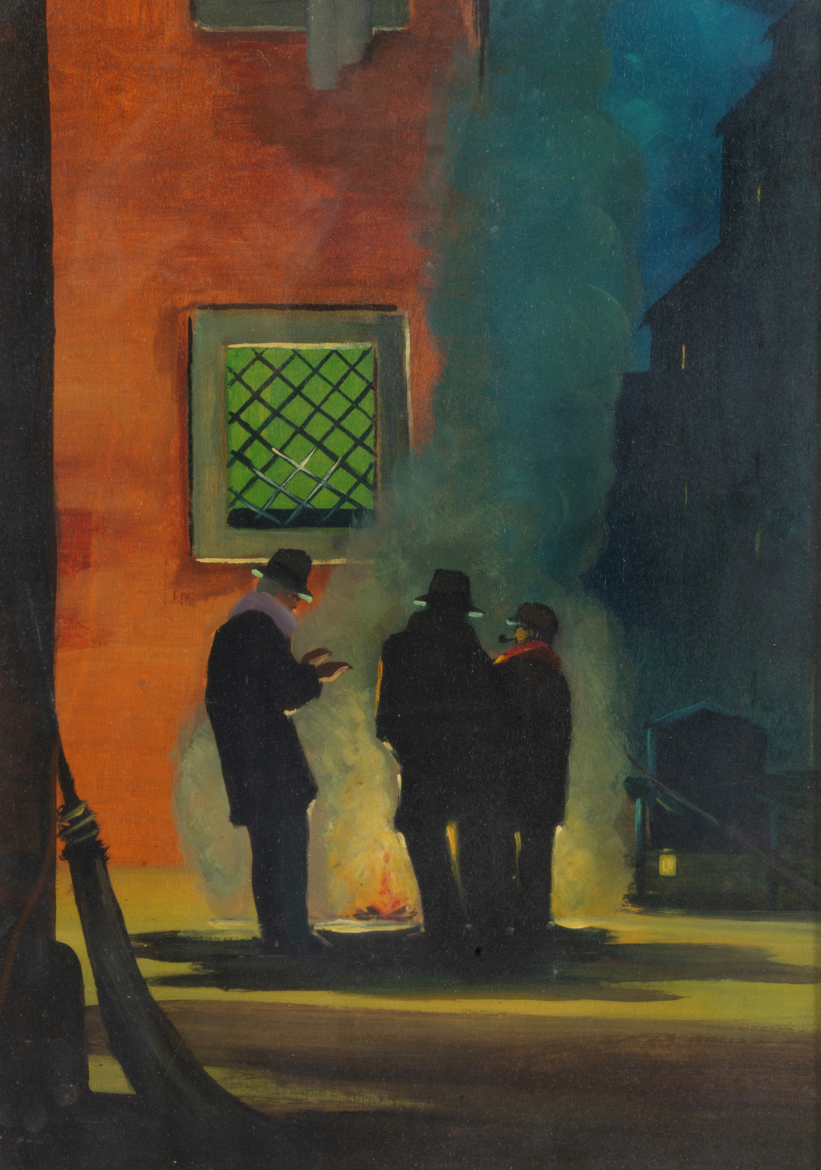 Renato Natali - Paesaggio notturno con tre personaggi, olio su tavoletta