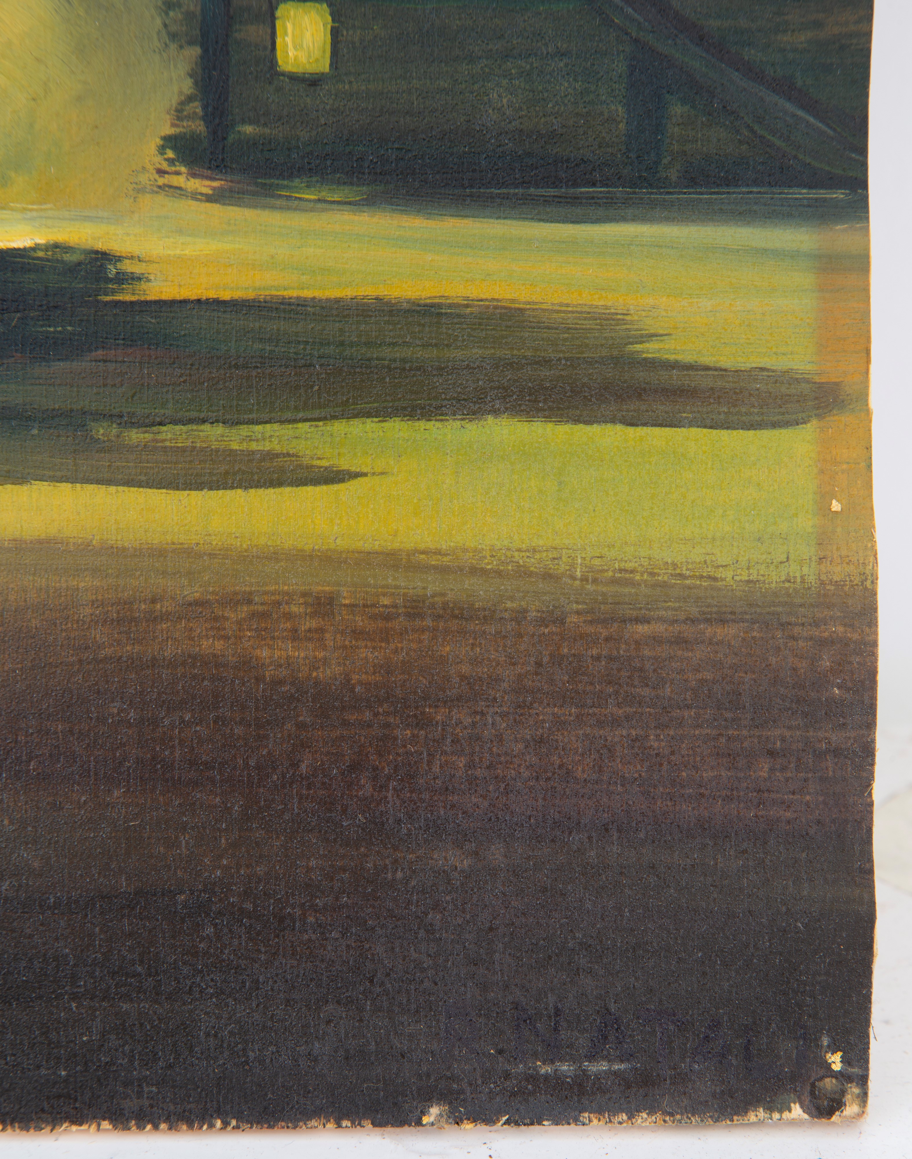 Renato Natali - Paesaggio notturno con tre personaggi, olio su tavoletta