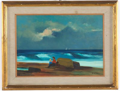 Marina con personaggi sulla spiaggia, olio su tavoletta