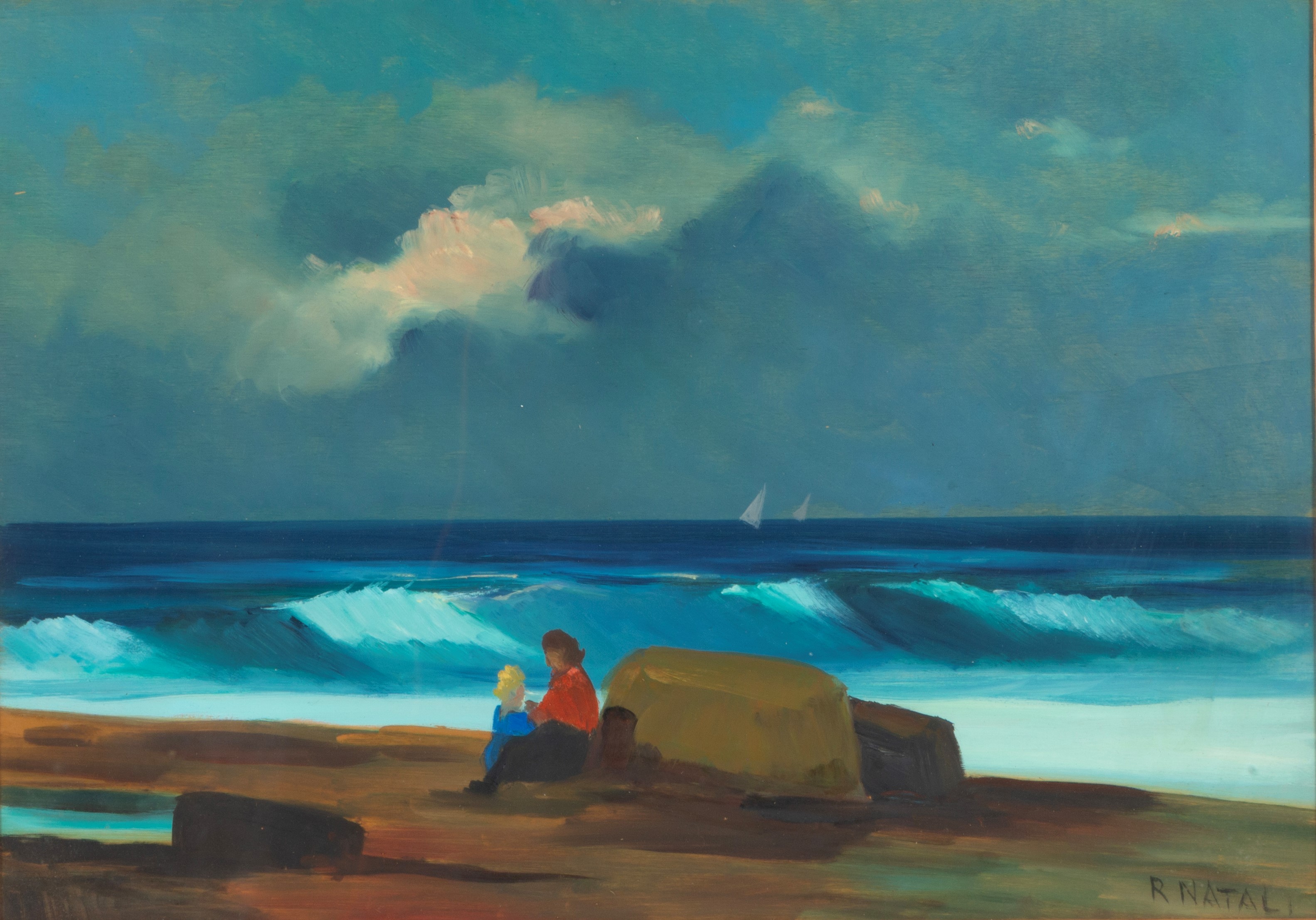 Renato Natali - Marina con personaggi sulla spiaggia, olio su tavoletta