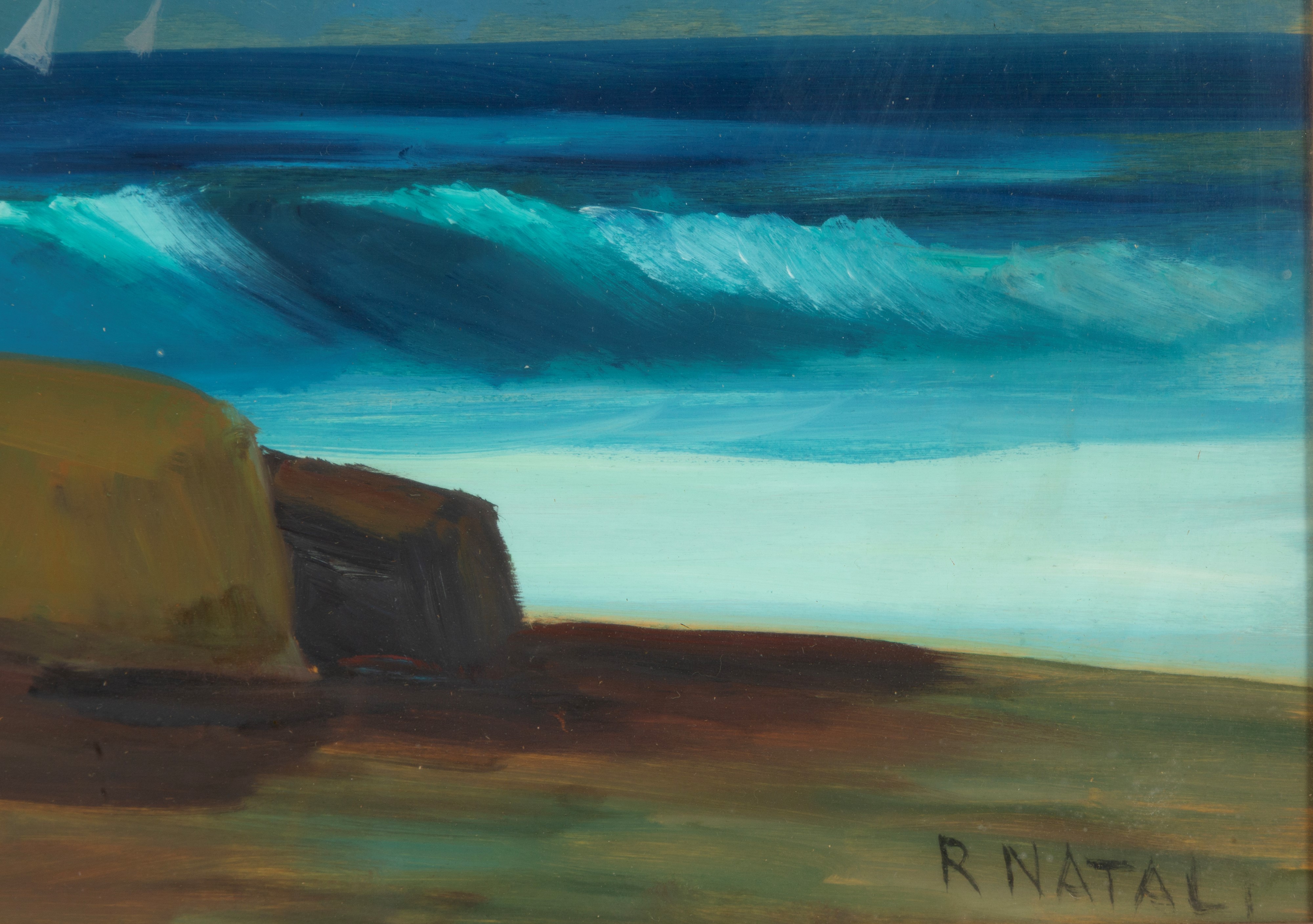 Renato Natali - Marina con personaggi sulla spiaggia, olio su tavoletta