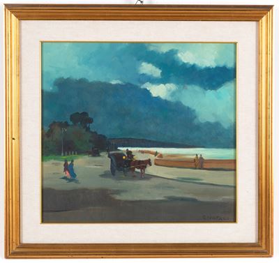 Passeggiata al mare, olio su tavoletta