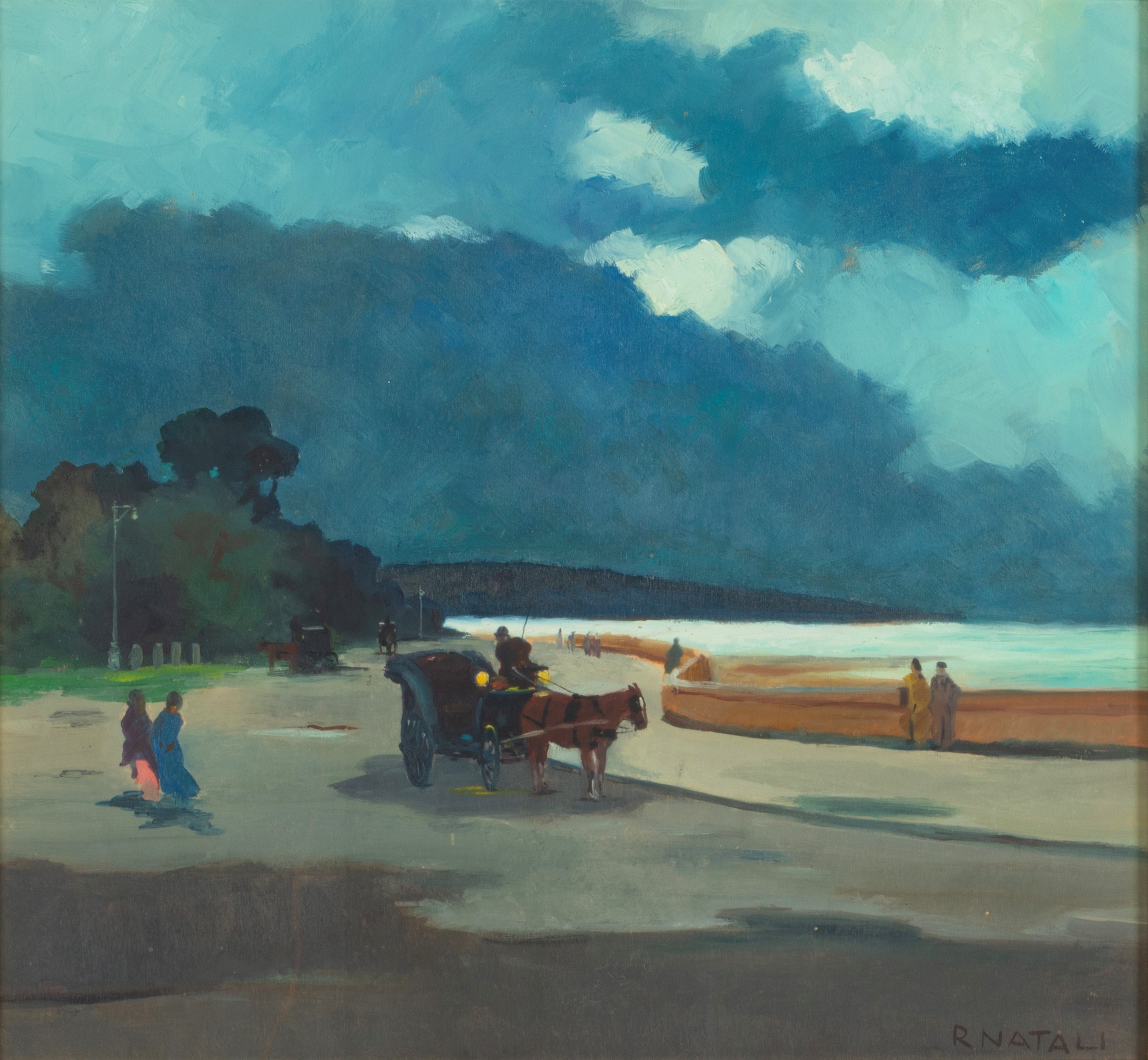 Renato Natali - Passeggiata al mare, olio su tavoletta