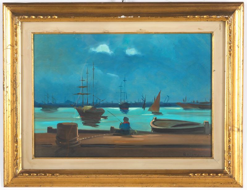 Renato Natali - Velieri con pescatore in darsena, olio su tavoletta