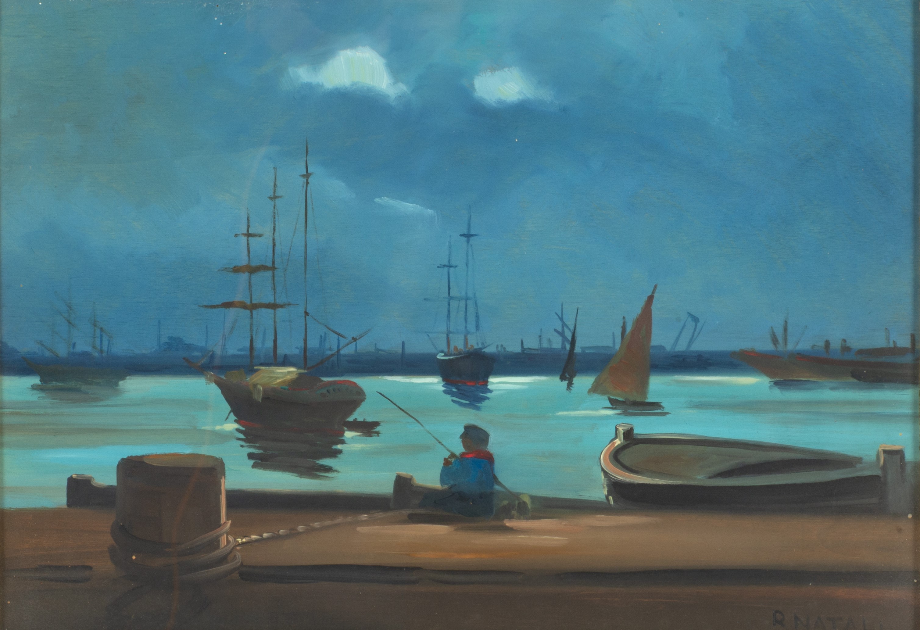 Renato Natali - Velieri con pescatore in darsena, olio su tavoletta