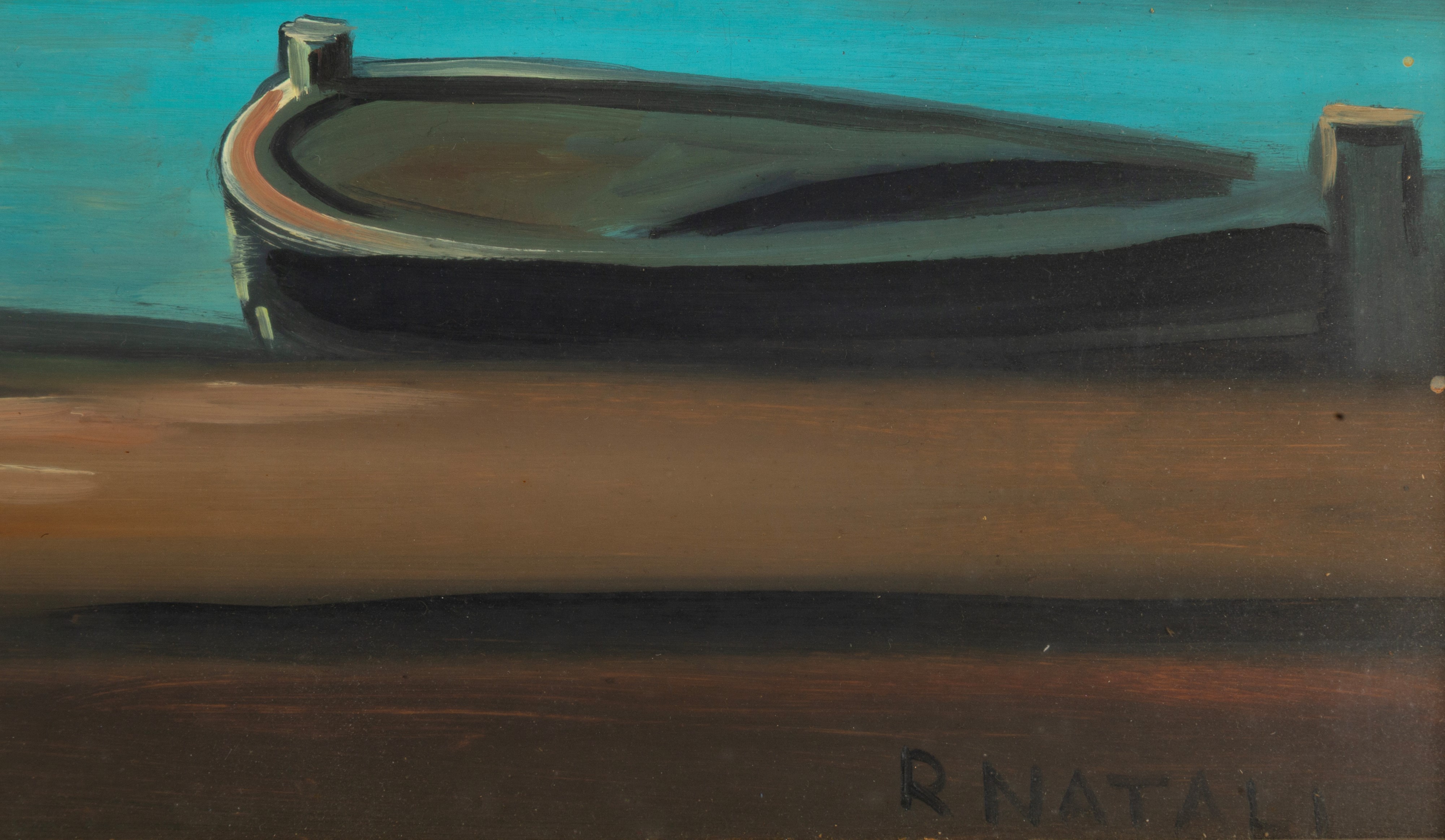 Renato Natali - Velieri con pescatore in darsena, olio su tavoletta
