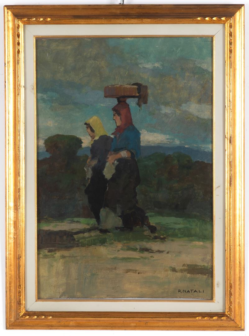 Renato Natali - Contadine, olio su tavoletta