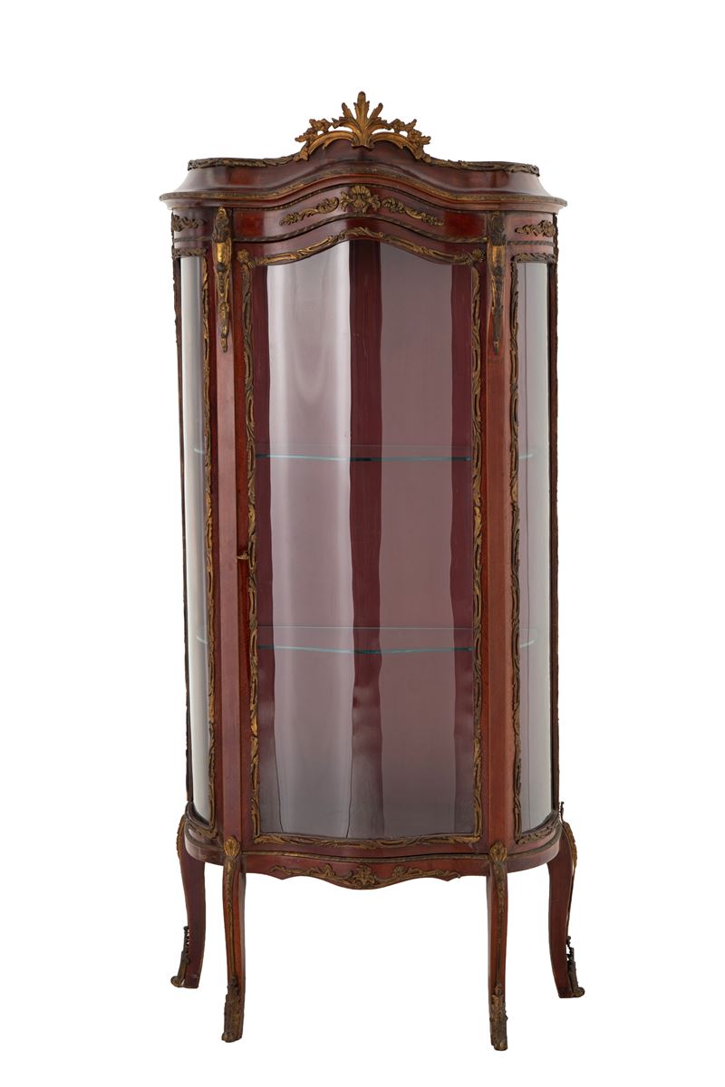 Vetrinetta bombata in legno tinto con finiture in bronzo dorato, periodo Napoleone III