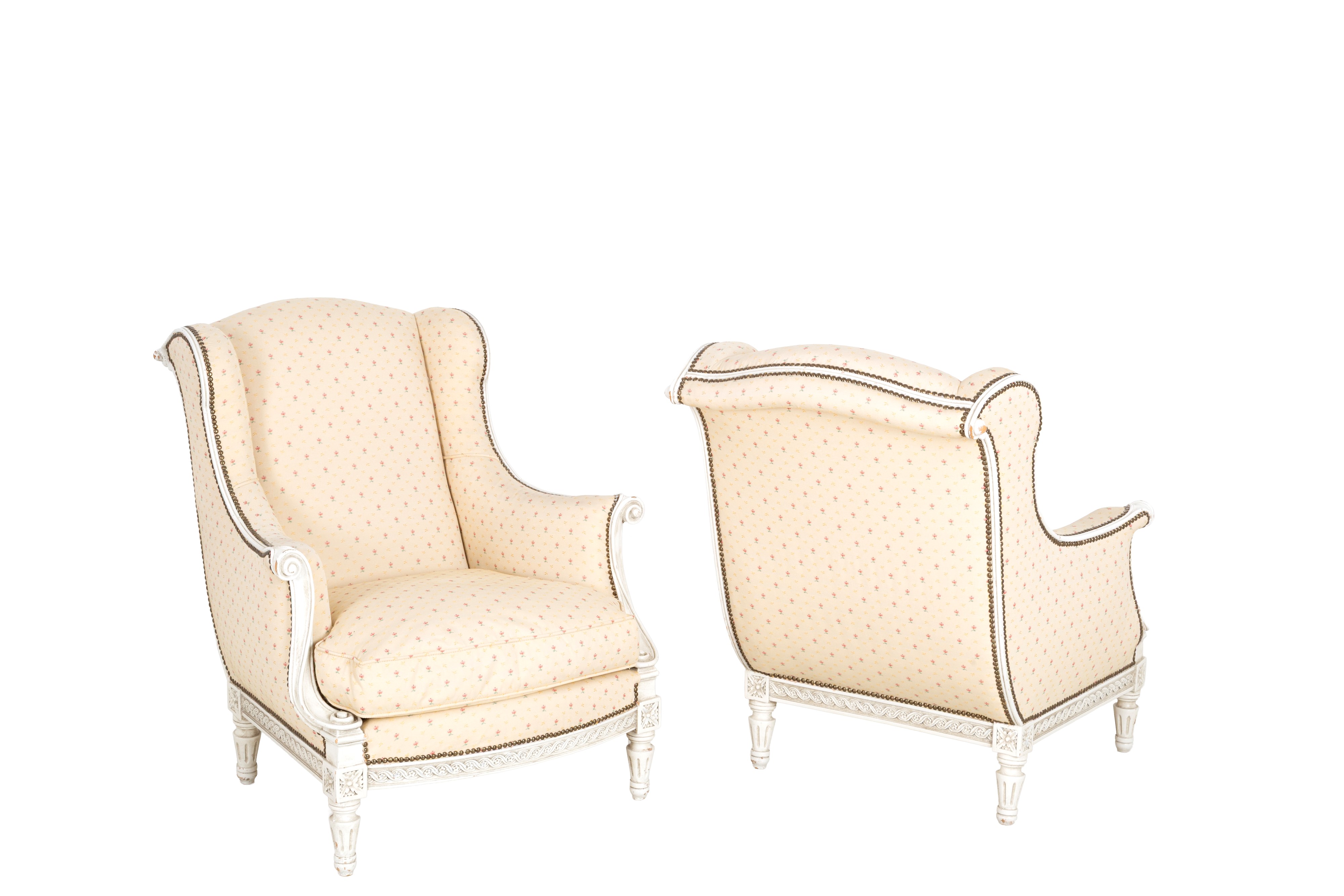 Coppia di bergere, legno laccato con rivestimento in cotone floreale
