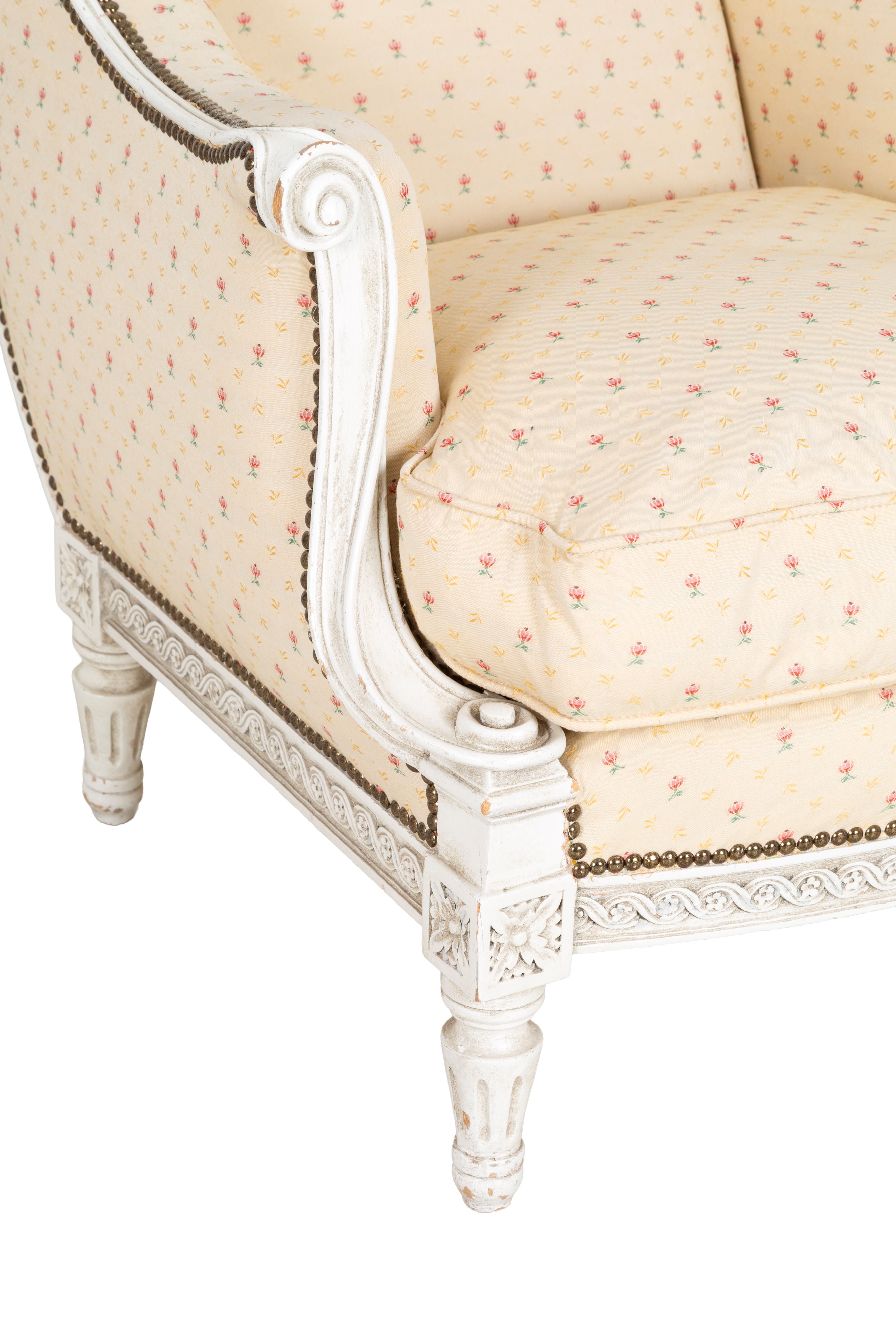 Coppia di bergere, legno laccato con rivestimento in cotone floreale