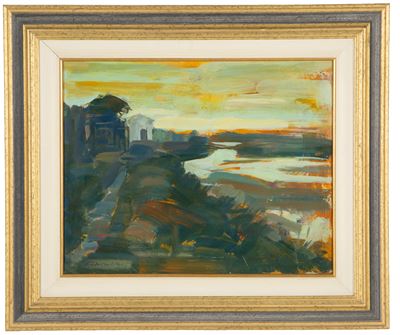 Paesaggio lacustre con case, olio su masonite