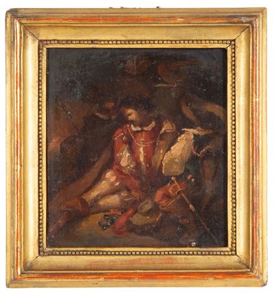 Scuola Spagnola del XVIII secolo, Due soldati a riposo, olio su carta applicata su masonite