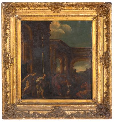 Autore ignoto, Architettura con personaggi, olio su tela