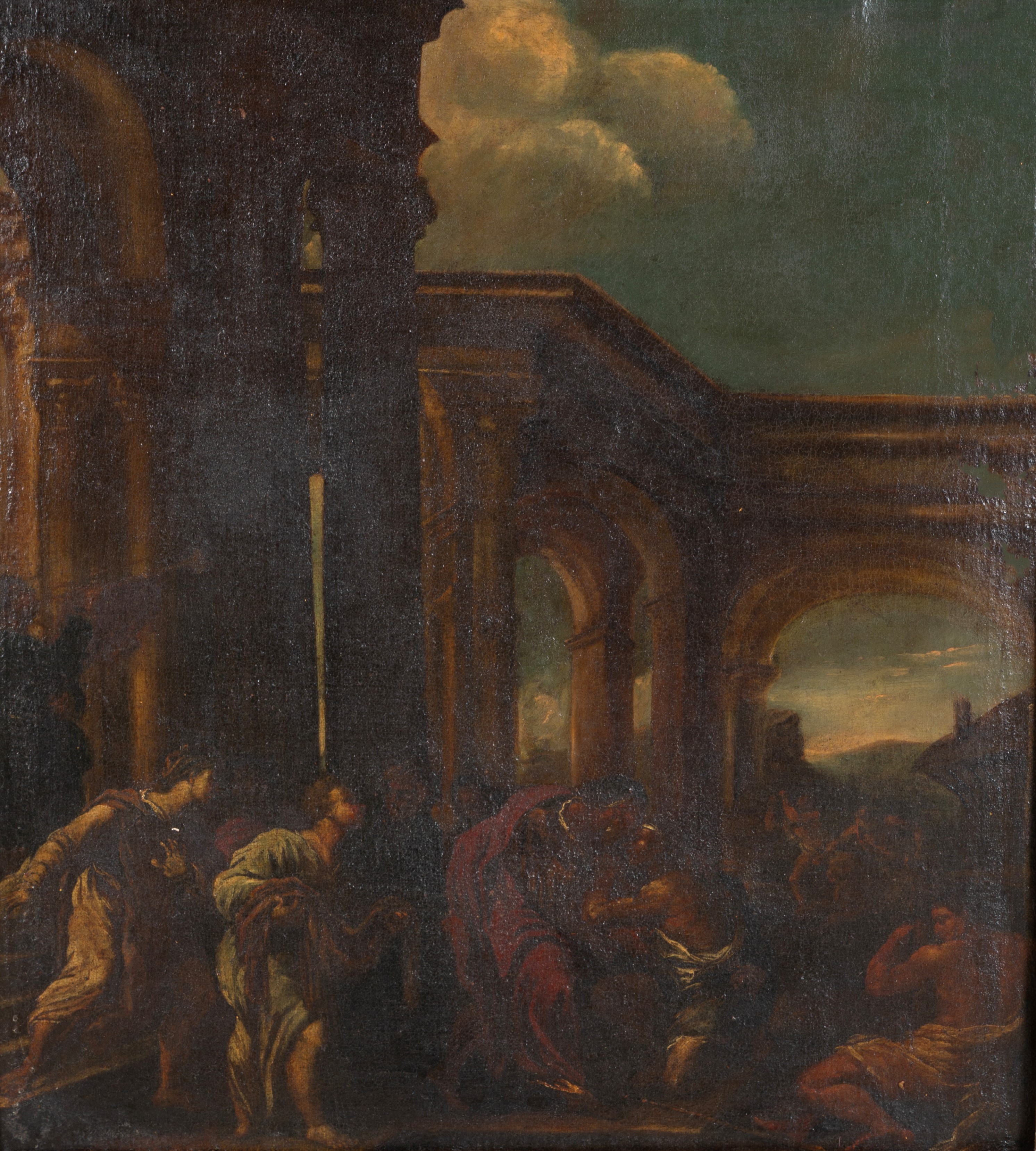 Autore ignoto, Architettura con personaggi, olio su tela
