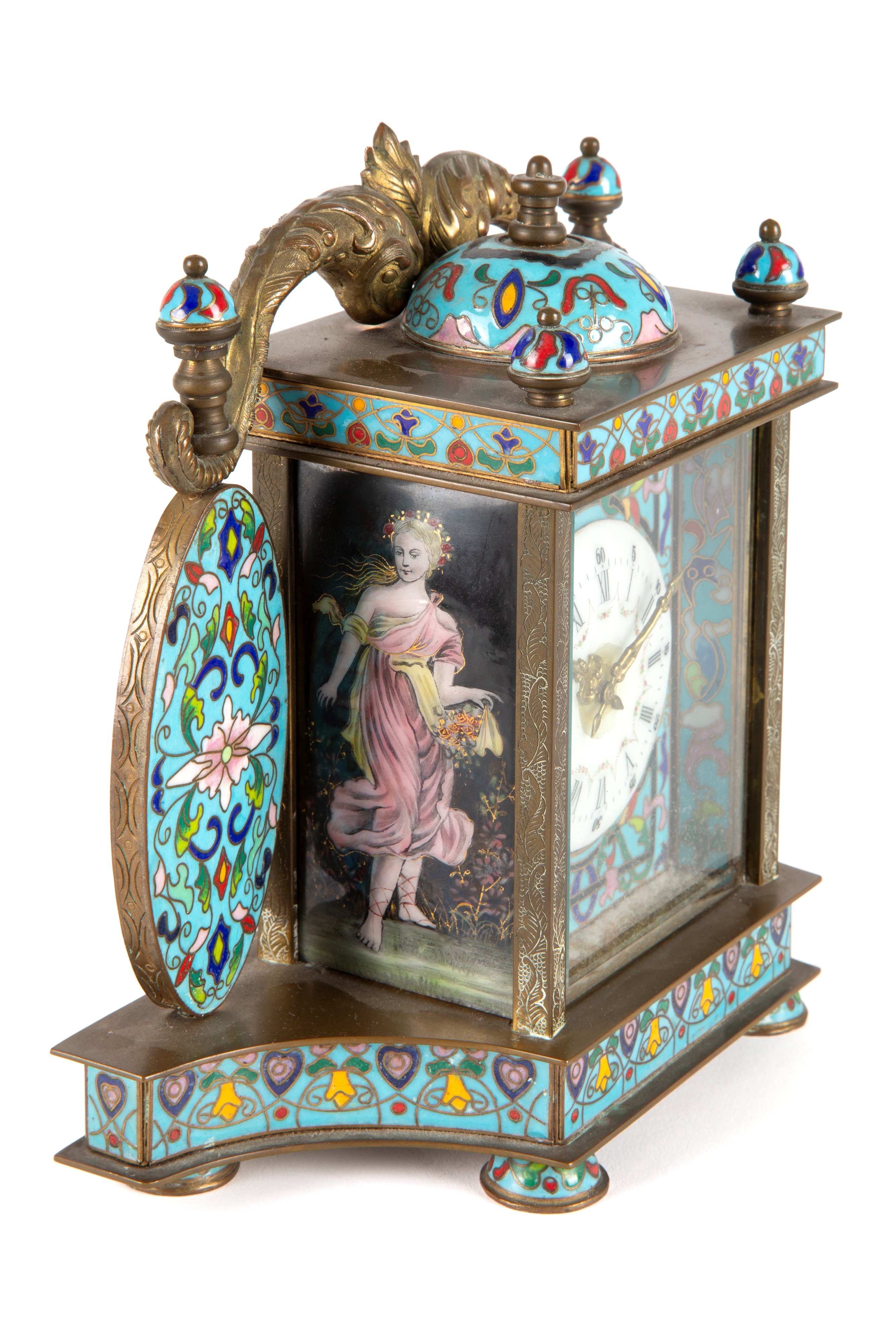 Orologio da tavolo cloisonnè, XX secolo, quadrante in smalto bianco