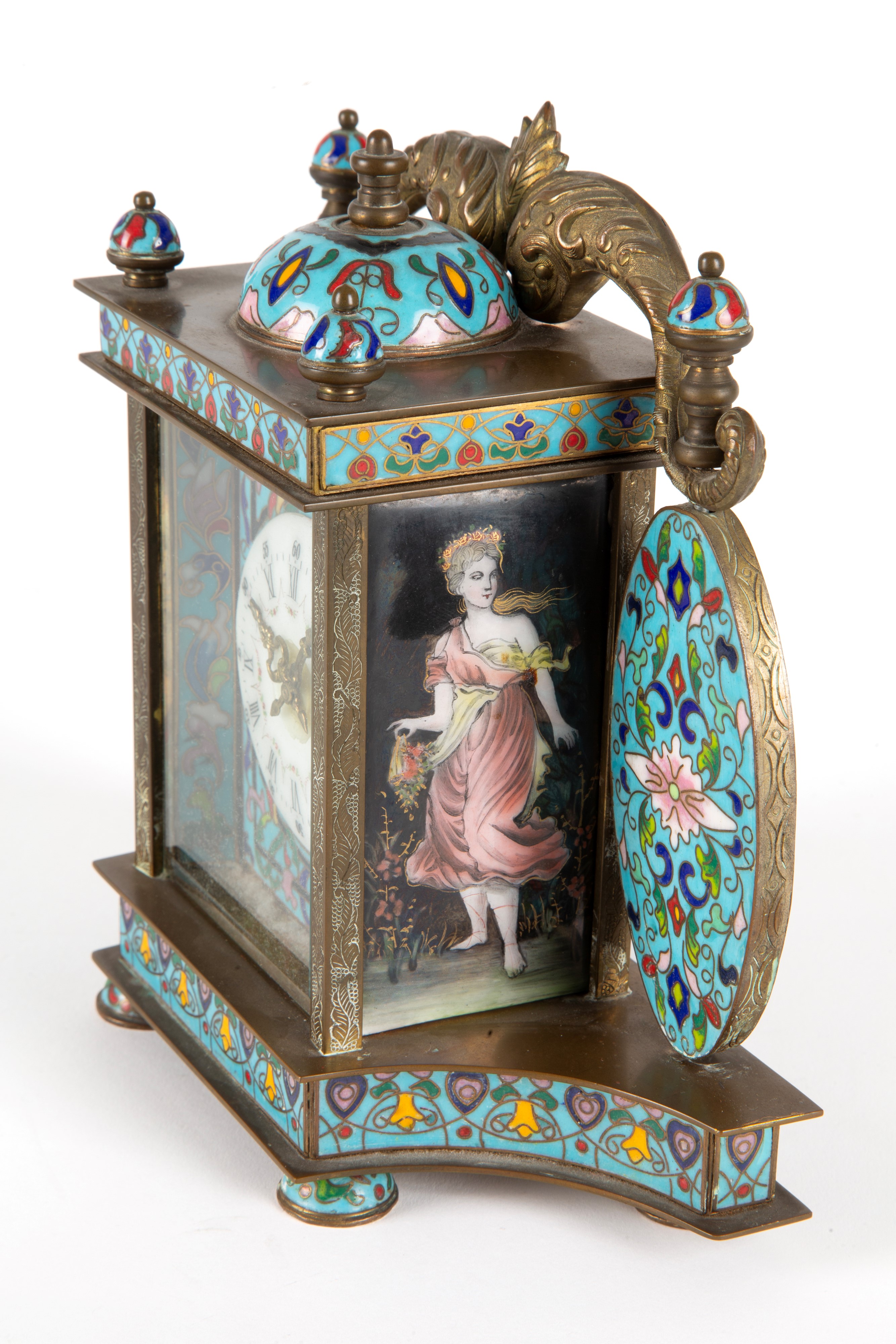 Orologio da tavolo cloisonnè, XX secolo, quadrante in smalto bianco