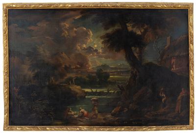 Paesaggio con cittadella in fiamme, olio su tela