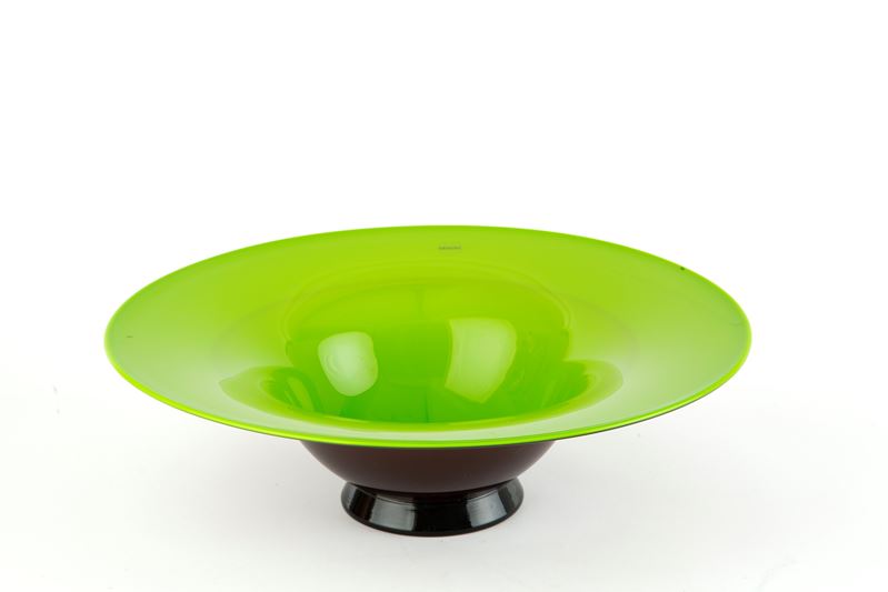 VENINI, Centrotavola in vetro di Murano verde con base melanzana