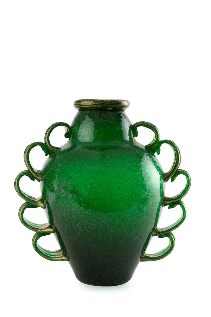 Vaso dieci anse, vetro pulegoso sommerso con decorazioni dorate